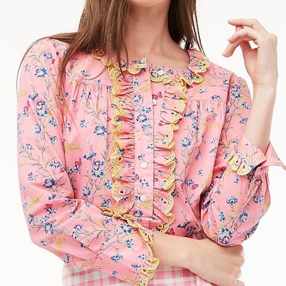 J. Crew Tops - J Crew Liberty Wheat Bouquet Poplin Ruffle Blouse Top Size Small